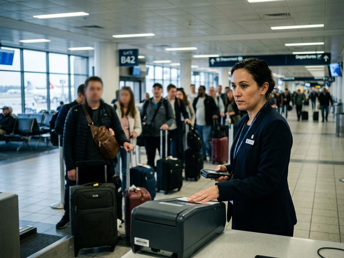 A gate agent scanning the boarding line