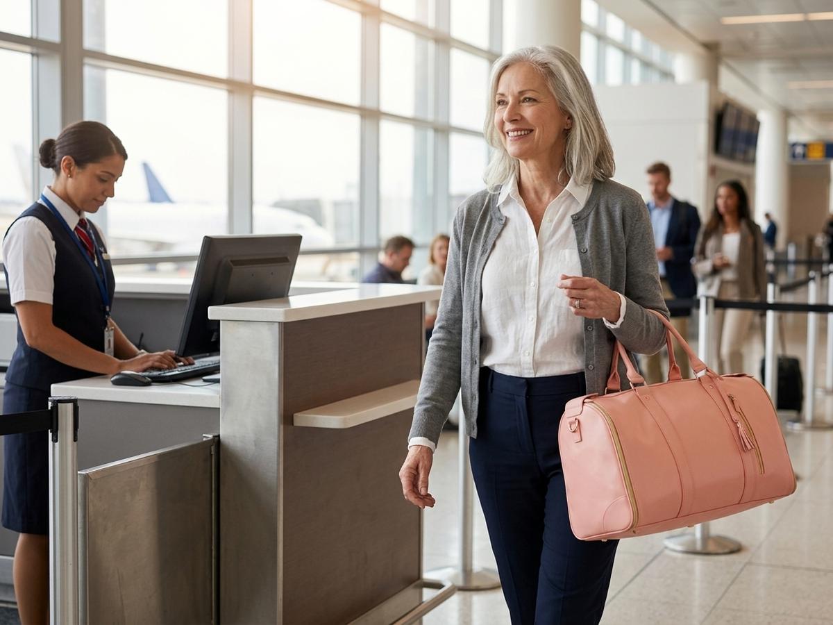 An older woman walking confidently past the gate with the Luhxe bag