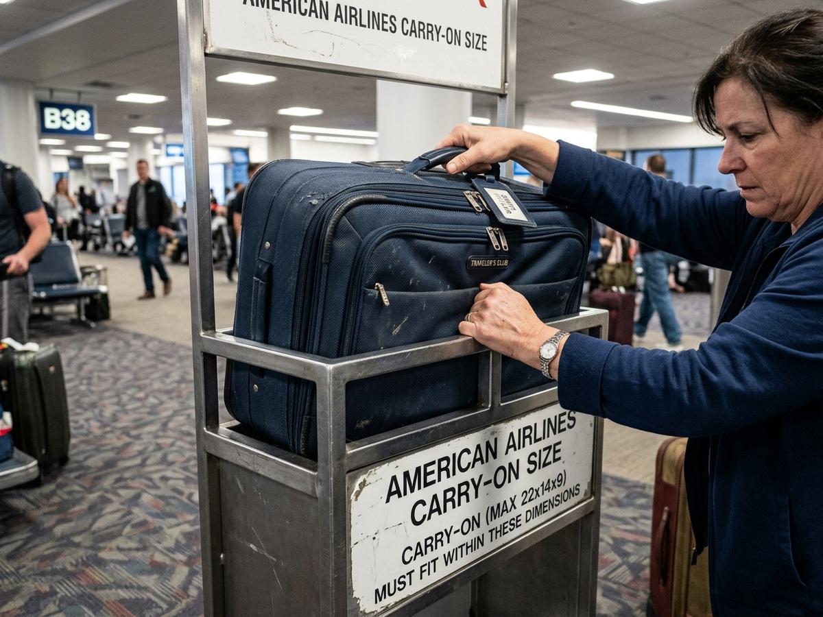 A carry-on bag wedged in the airport metal sizer