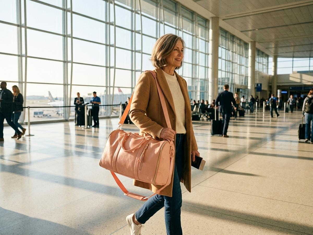 An older woman traveling confidently through the airport with the Luhxe bag
